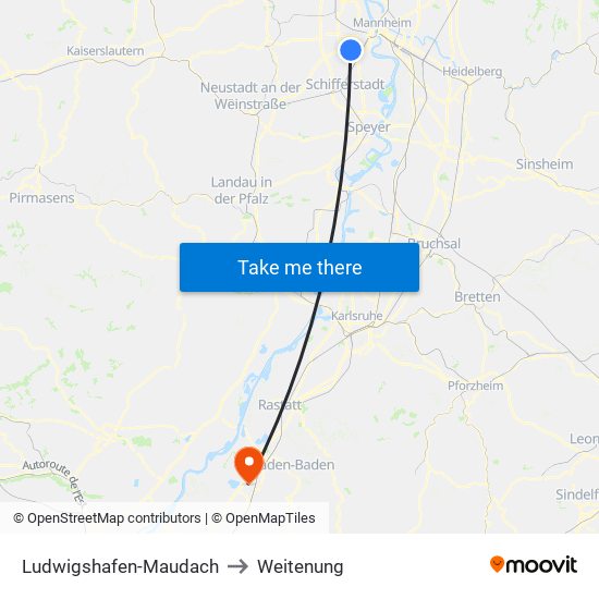 Ludwigshafen-Maudach to Weitenung map
