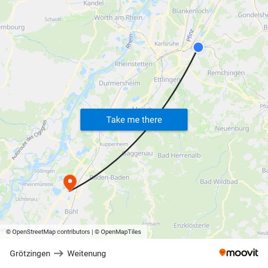 Grötzingen to Weitenung map