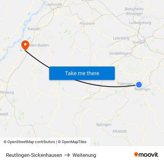 Reutlingen-Sickenhausen to Weitenung map