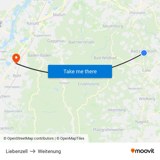 Liebenzell to Weitenung map
