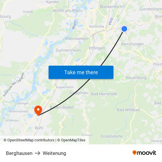 Berghausen to Weitenung map