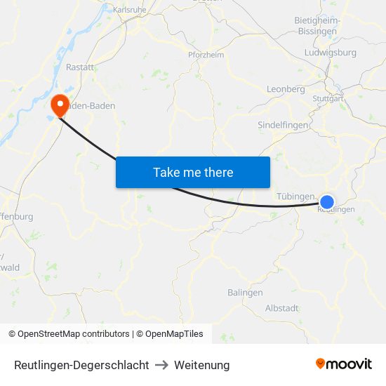 Reutlingen-Degerschlacht to Weitenung map