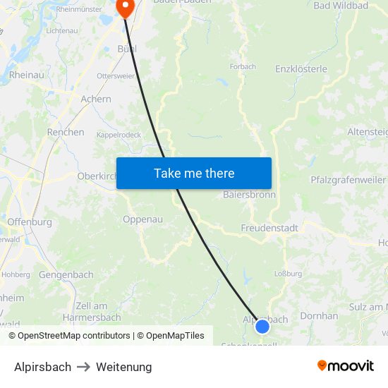 Alpirsbach to Weitenung map