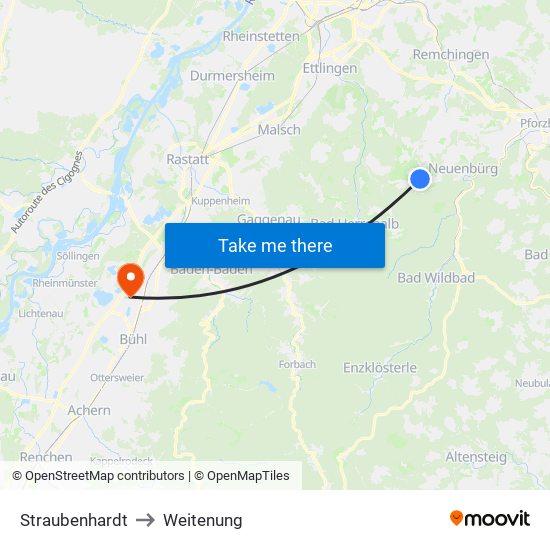 Straubenhardt to Weitenung map