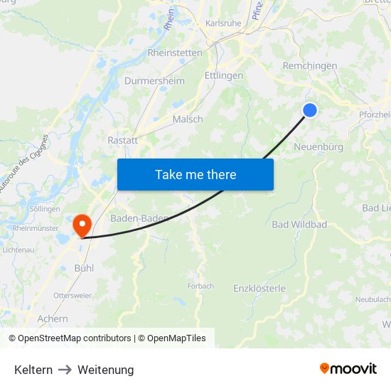 Keltern to Weitenung map