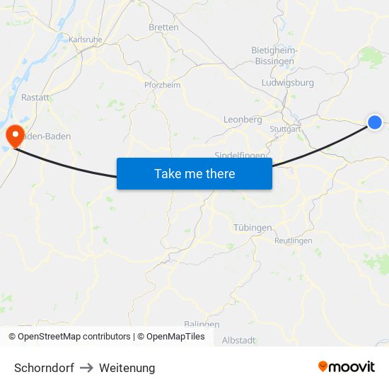 Schorndorf to Weitenung map