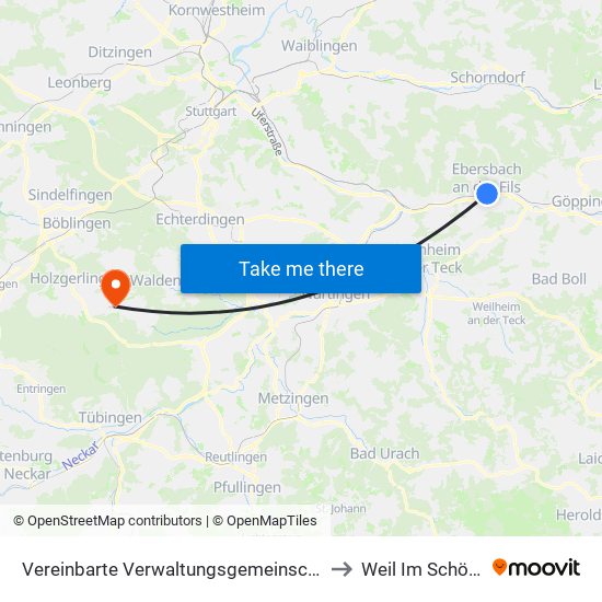 Vereinbarte Verwaltungsgemeinschaft Der Stadt Ebersbach An Der Fils to Weil Im Schönbuch (Kernort) map