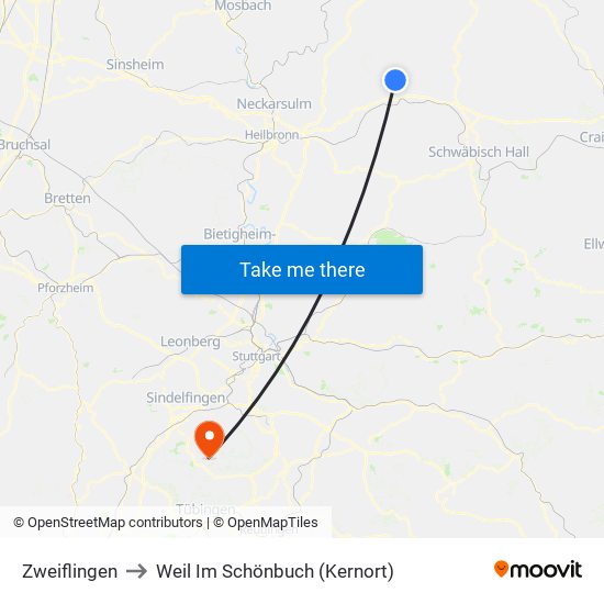 Zweiflingen to Weil Im Schönbuch (Kernort) map