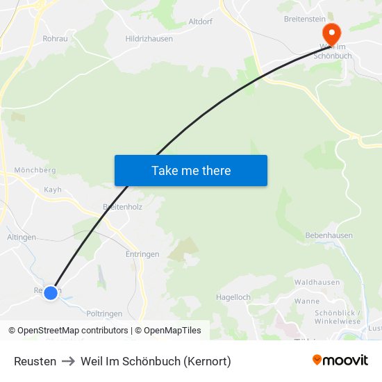 Reusten to Weil Im Schönbuch (Kernort) map