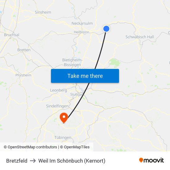 Bretzfeld to Weil Im Schönbuch (Kernort) map