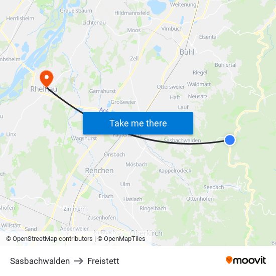 Sasbachwalden to Freistett map
