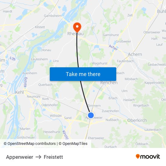 Appenweier to Freistett map