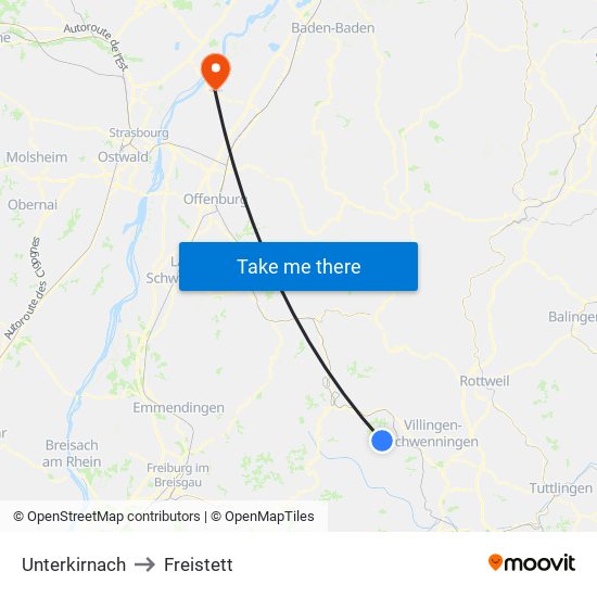 Unterkirnach to Freistett map