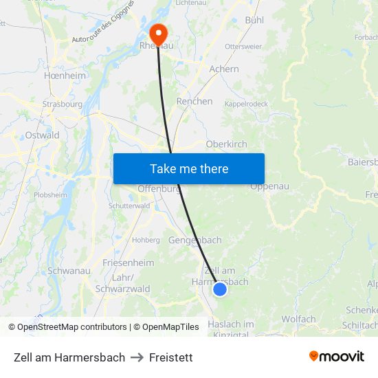 Zell am Harmersbach to Freistett map