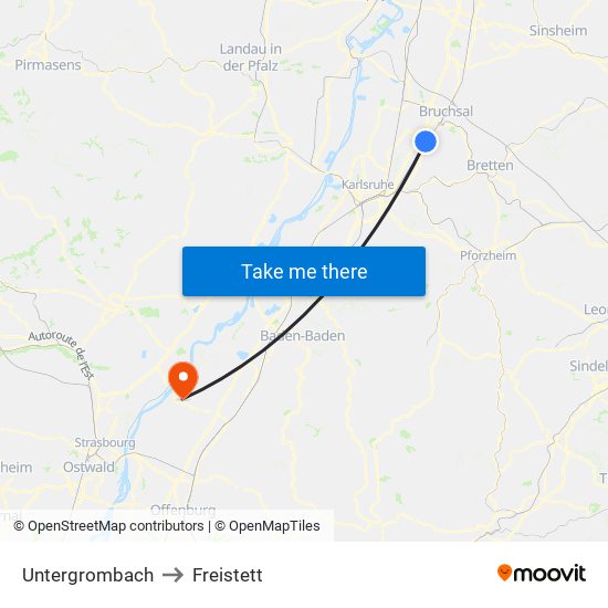 Untergrombach to Freistett map