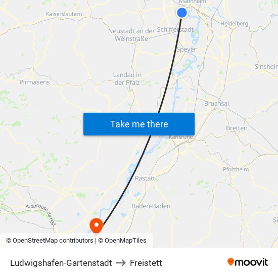Ludwigshafen-Gartenstadt to Freistett map