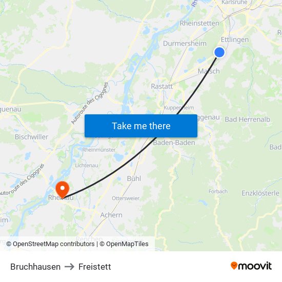 Bruchhausen to Freistett map