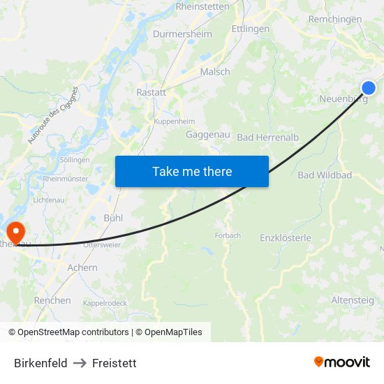 Birkenfeld to Freistett map