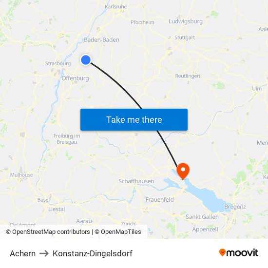 Achern to Konstanz-Dingelsdorf map