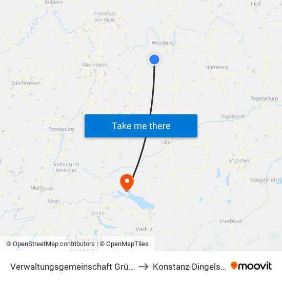 Verwaltungsgemeinschaft Grünsfeld to Konstanz-Dingelsdorf map