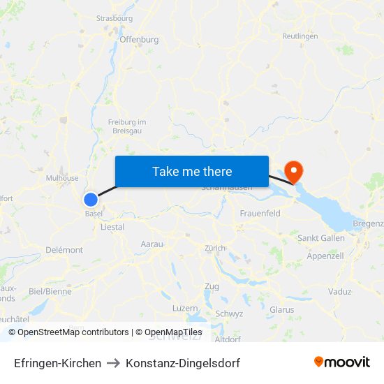 Efringen-Kirchen to Konstanz-Dingelsdorf map