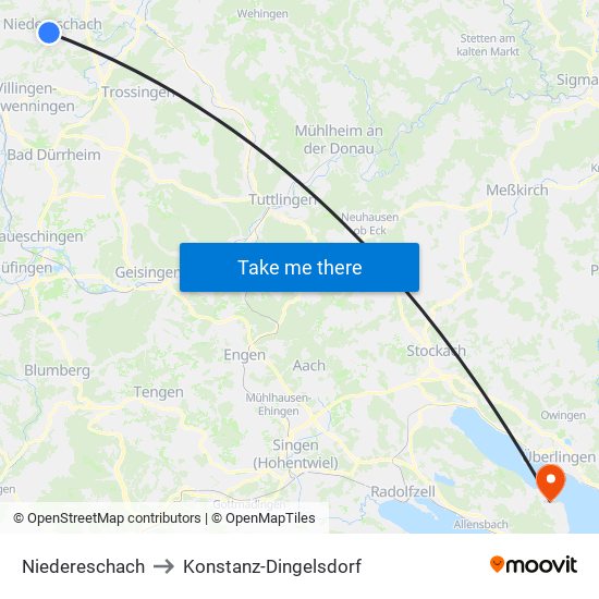 Niedereschach to Konstanz-Dingelsdorf map