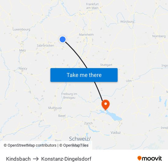 Kindsbach to Konstanz-Dingelsdorf map