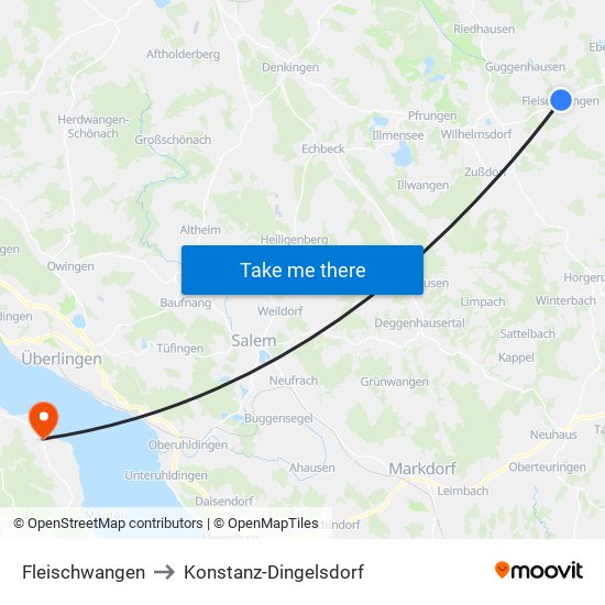 Fleischwangen to Konstanz-Dingelsdorf map