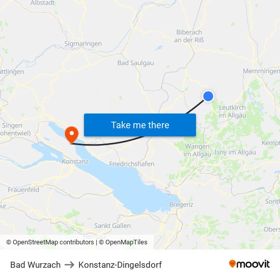 Bad Wurzach to Konstanz-Dingelsdorf map