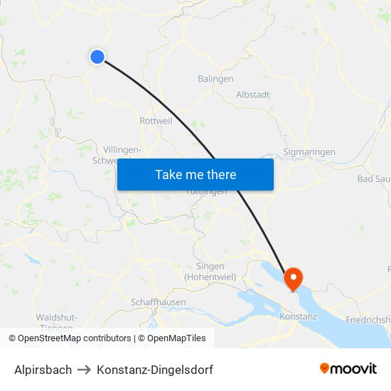 Alpirsbach to Konstanz-Dingelsdorf map