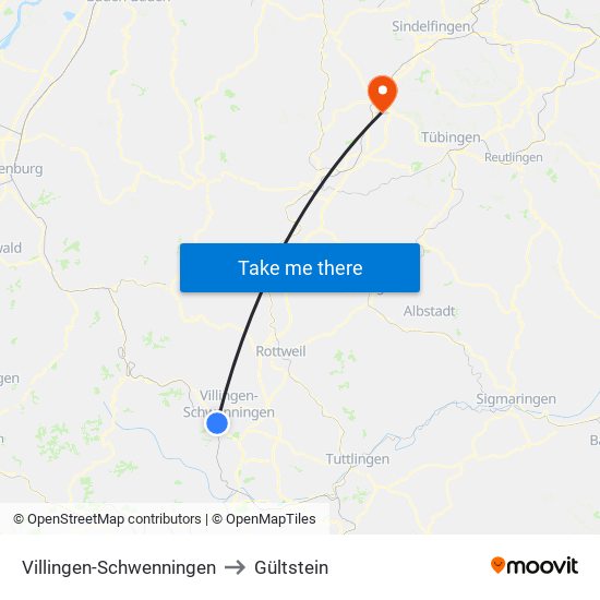 Villingen-Schwenningen to Gültstein map