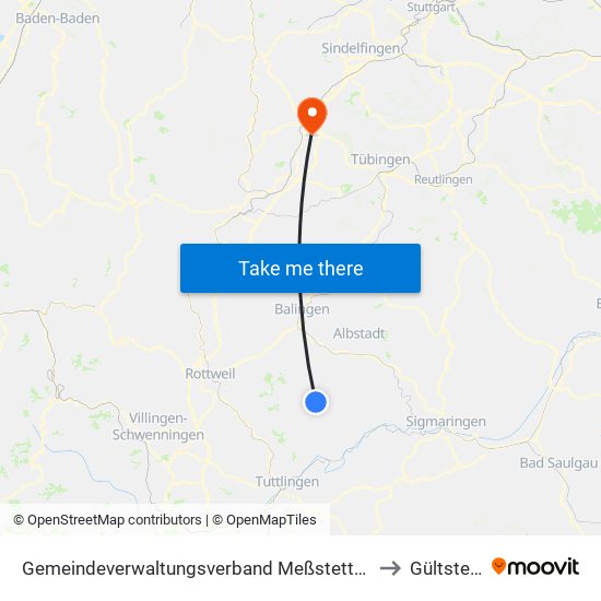 Gemeindeverwaltungsverband Meßstetten to Gültstein map