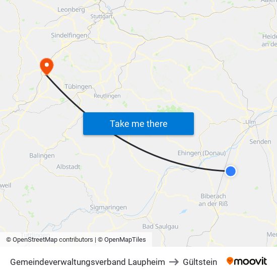 Gemeindeverwaltungsverband Laupheim to Gültstein map