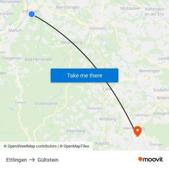 Ettlingen to Gültstein map