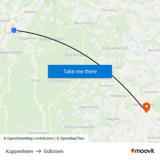 Kuppenheim to Gültstein map