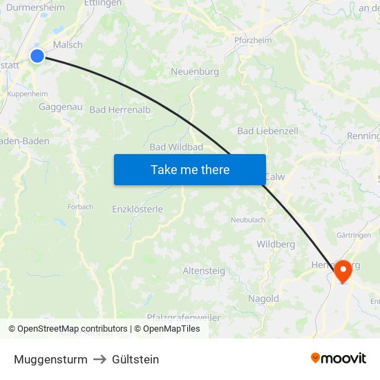 Muggensturm to Gültstein map