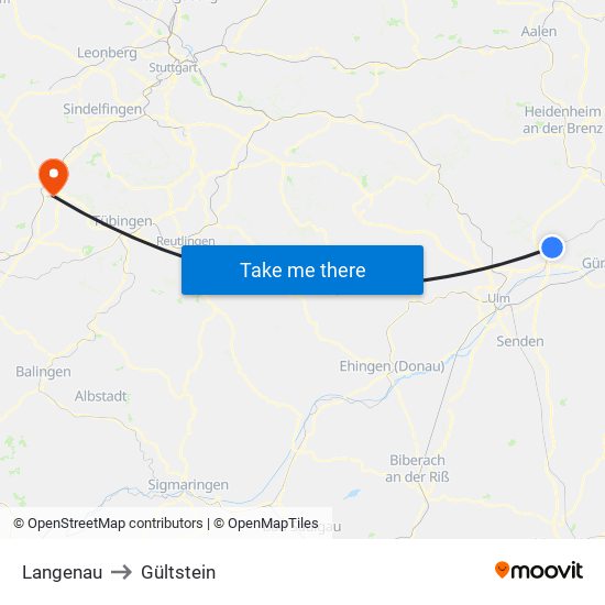 Langenau to Gültstein map