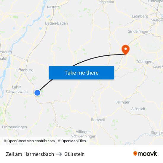 Zell am Harmersbach to Gültstein map