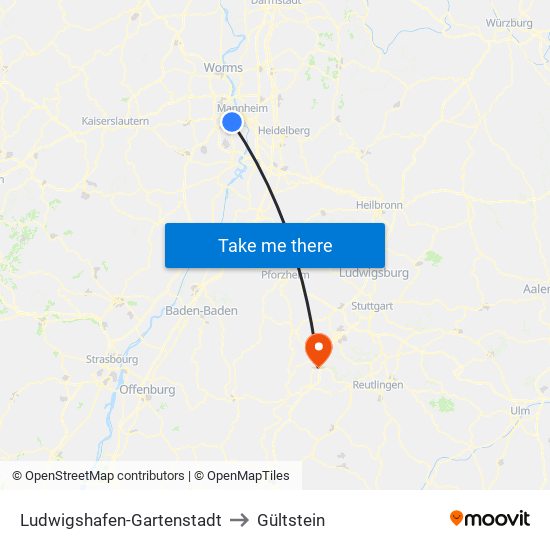 Ludwigshafen-Gartenstadt to Gültstein map