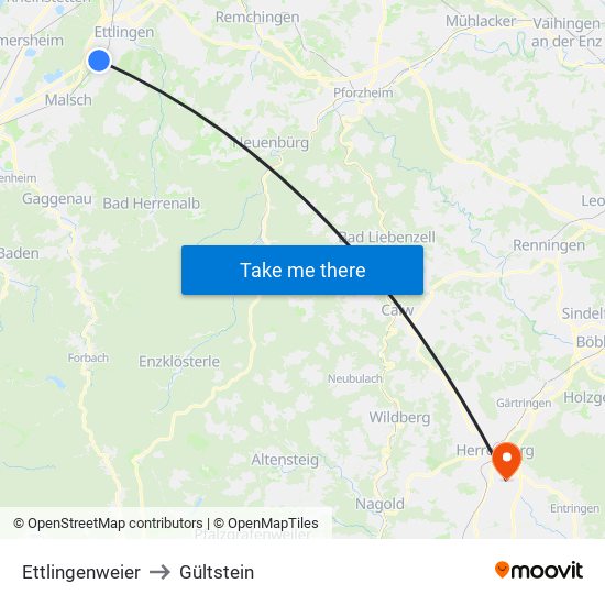 Ettlingenweier to Gültstein map