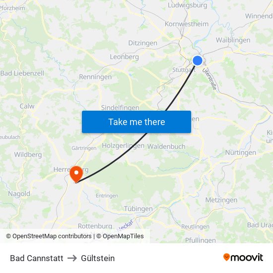 Bad Cannstatt to Gültstein map