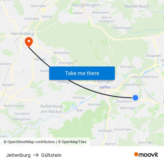 Jettenburg to Gültstein map