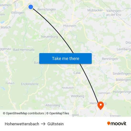 Hohenwettersbach to Gültstein map