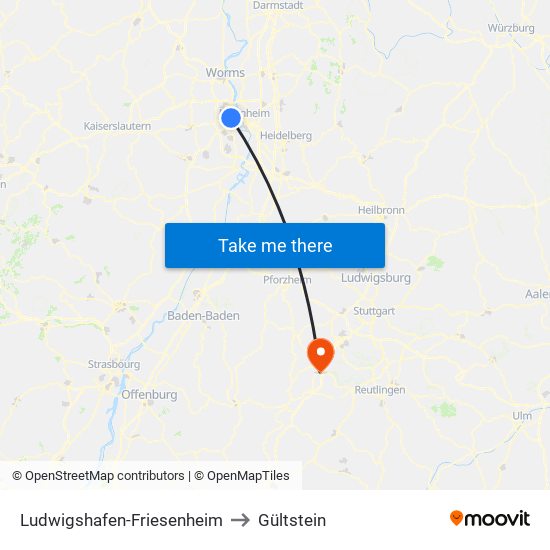 Ludwigshafen-Friesenheim to Gültstein map