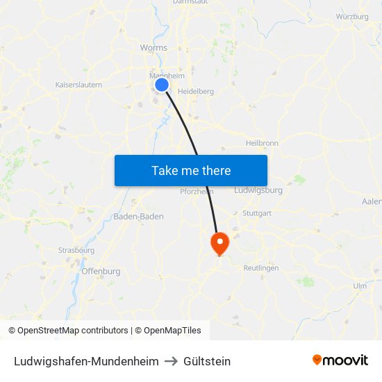 Ludwigshafen-Mundenheim to Gültstein map