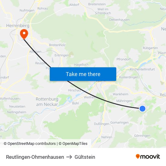 Reutlingen-Ohmenhausen to Gültstein map