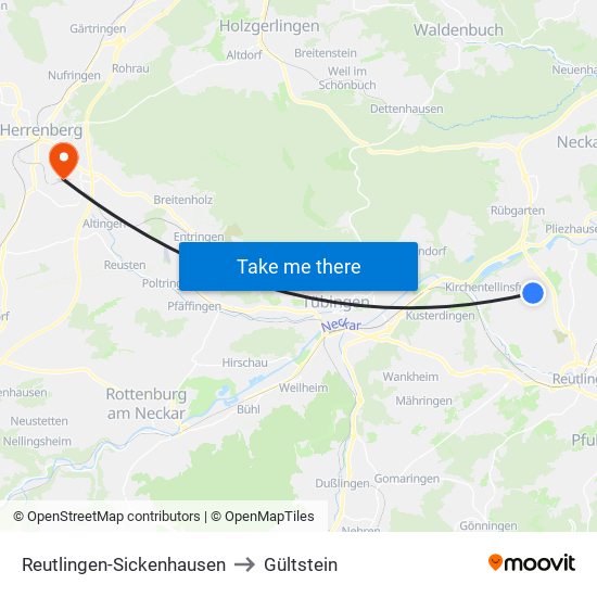 Reutlingen-Sickenhausen to Gültstein map
