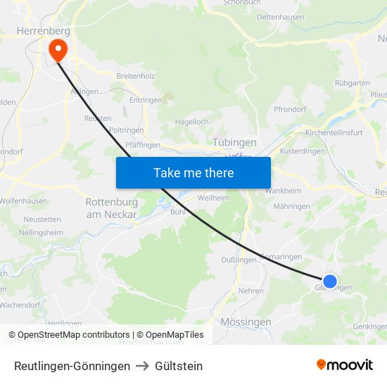 Reutlingen-Gönningen to Gültstein map