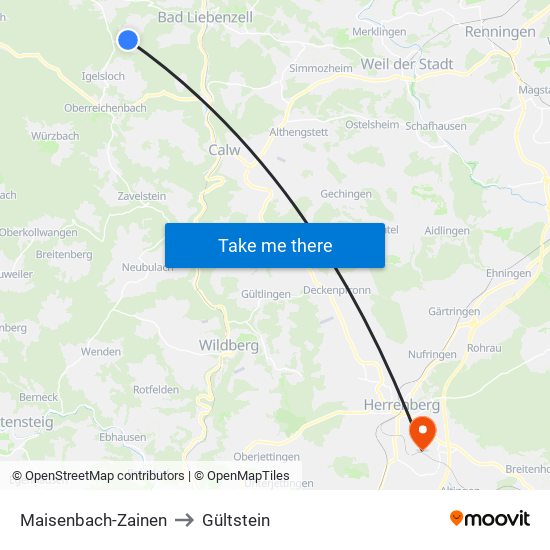 Maisenbach-Zainen to Gültstein map