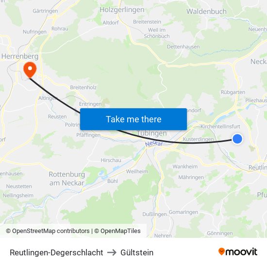 Reutlingen-Degerschlacht to Gültstein map